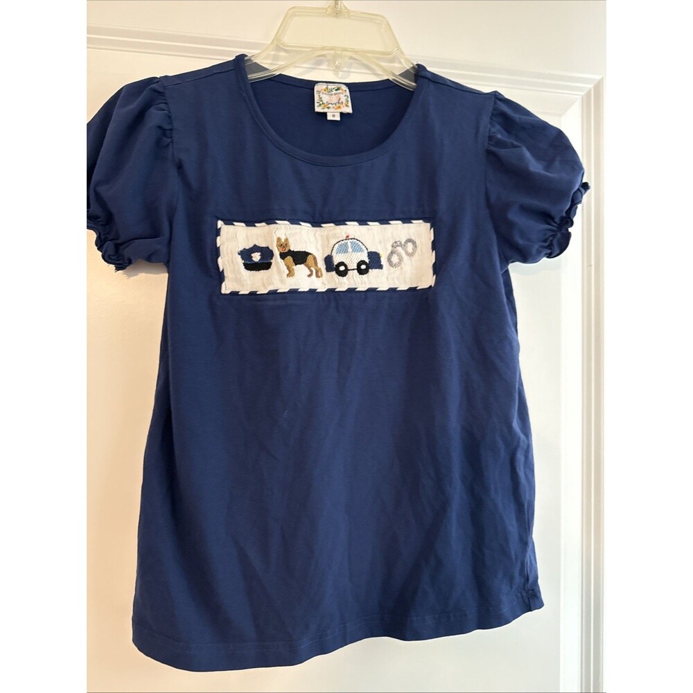 Smocked Little Girl’s T-shirt Police Dog LEO White Blue Handmade SMALL